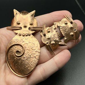 Vintage GRET BARKIN Set of Brooch & Clip On Earrings Copper Kitty Cat